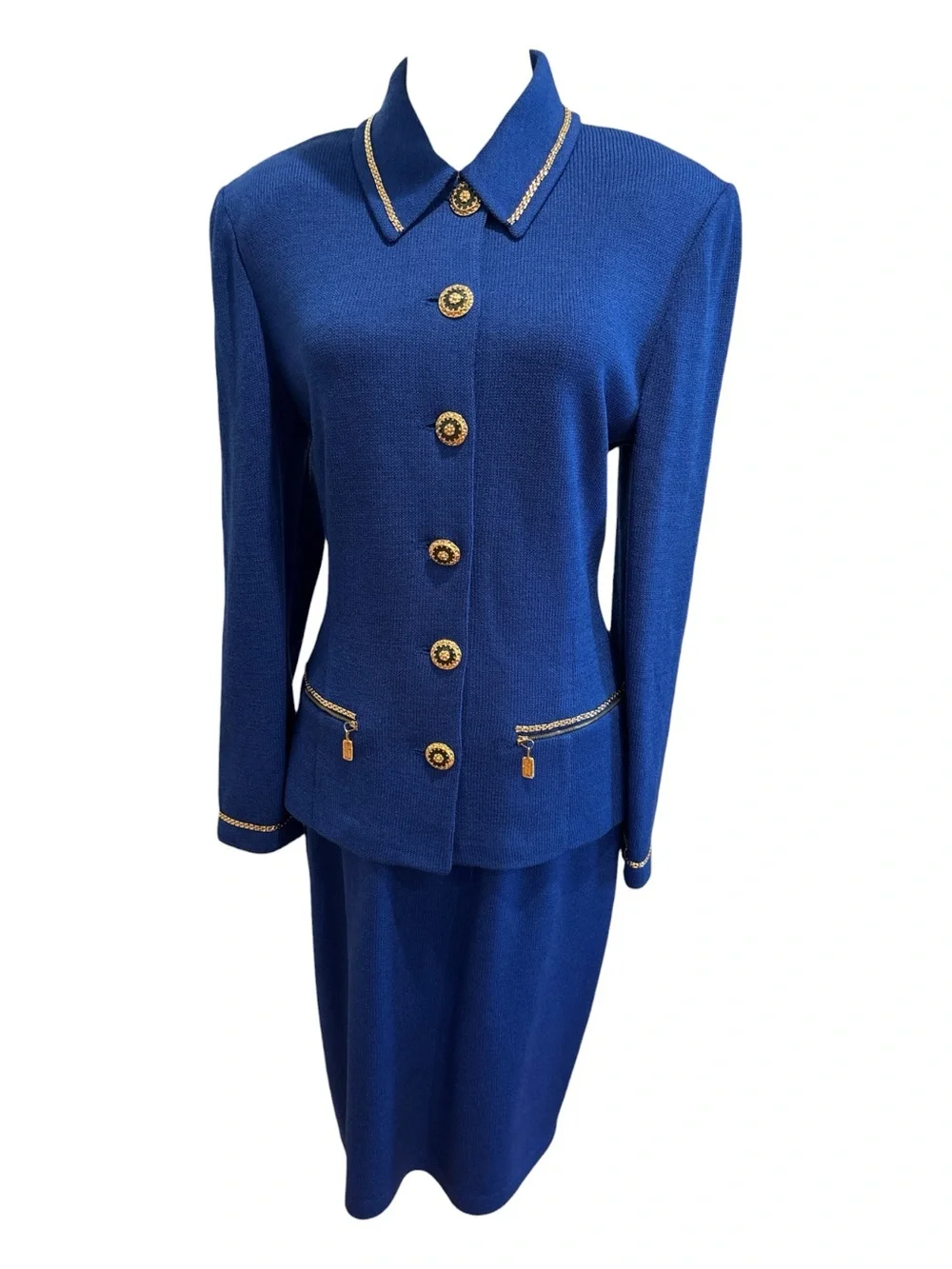 90s ST JOHN COLLECTION MARIE GRAY ROYAL BLUE SANTANA KNIT SKIRT SUIT SZ 12